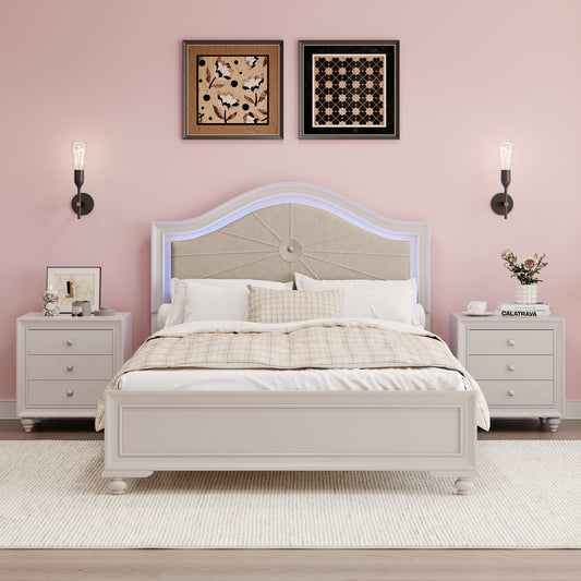 3 Pieces Bedroom Sets Full Size Wood Bed with Hidden LED Light Upholstered Headboard + 2 Nightstands, Cream Grey