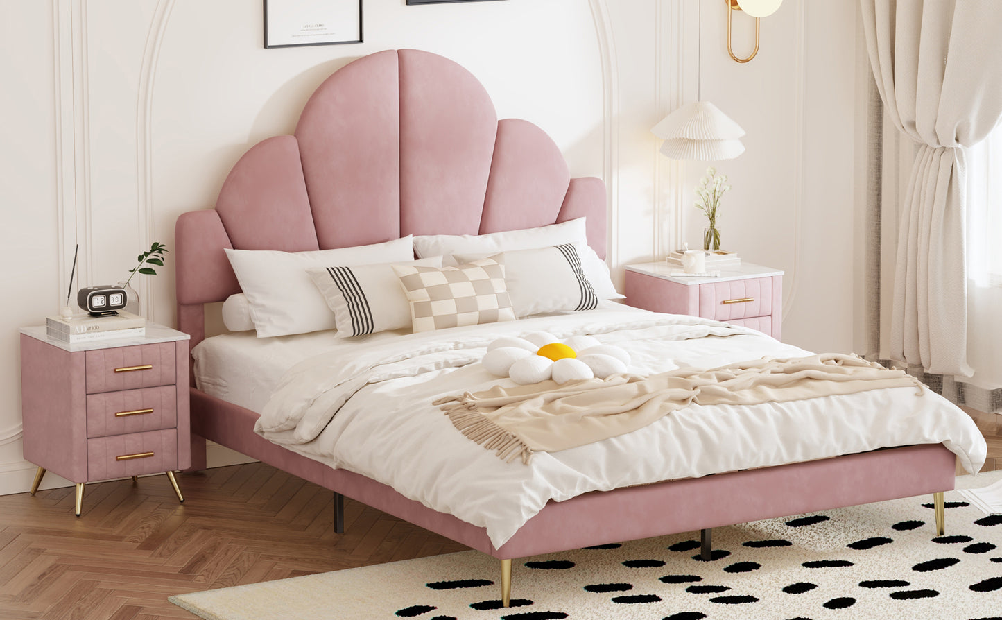 3 Pieces Bedroom Sets, Queen Size Modern Velvet Upholstered Bed Frame with  Petal Shape Headboard, 3 Drawers Nightstands, Pink