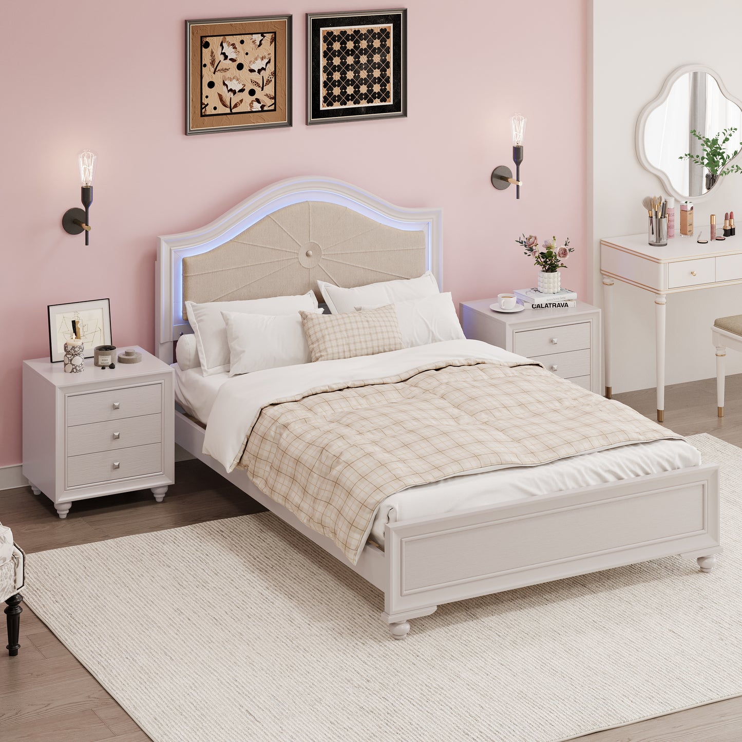 3 Pieces Bedroom Sets Full Size Wood Bed with Hidden LED Light Upholstered Headboard + 2 Nightstands, Cream Grey