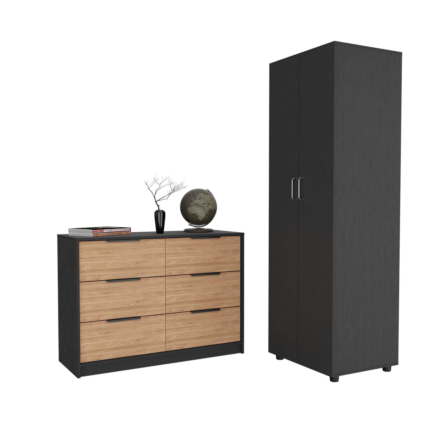 2 Piece Bedroom Set, London Armoire + Egeo 4 Drawer Dresser, Black / Pine