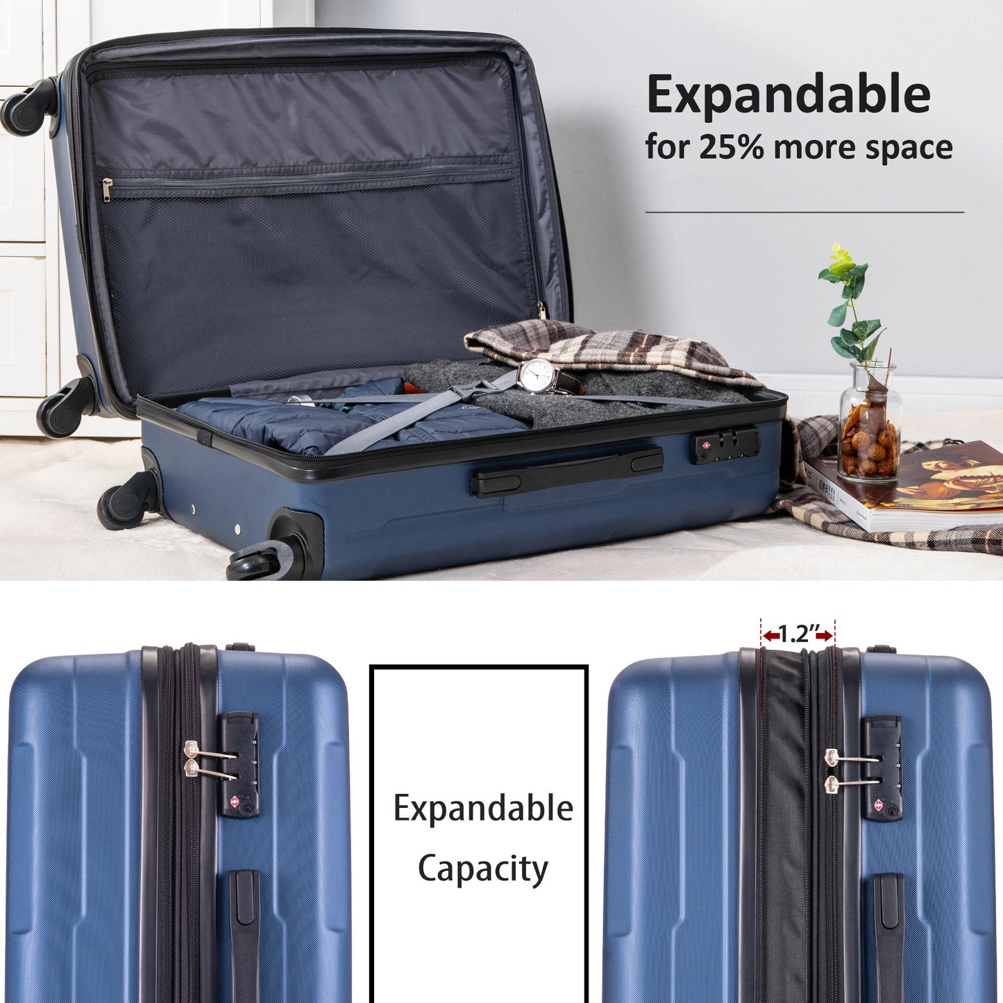 Expanable Spinner Wheel 2 Piece Luggage Set ABS Lightweight Suitcase with TSA Lock 20inch+24inch