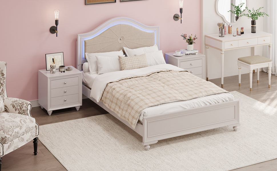 3 Pieces Bedroom Sets Full Size Wood Bed with Hidden LED Light Upholstered Headboard + 2 Nightstands, Cream Grey